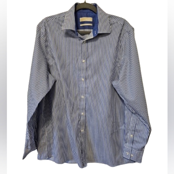 Michael Kors Blue and White Striped Non-Iron Regular Fit Shirt Men's Size 16.5 - Picture 1 of 10